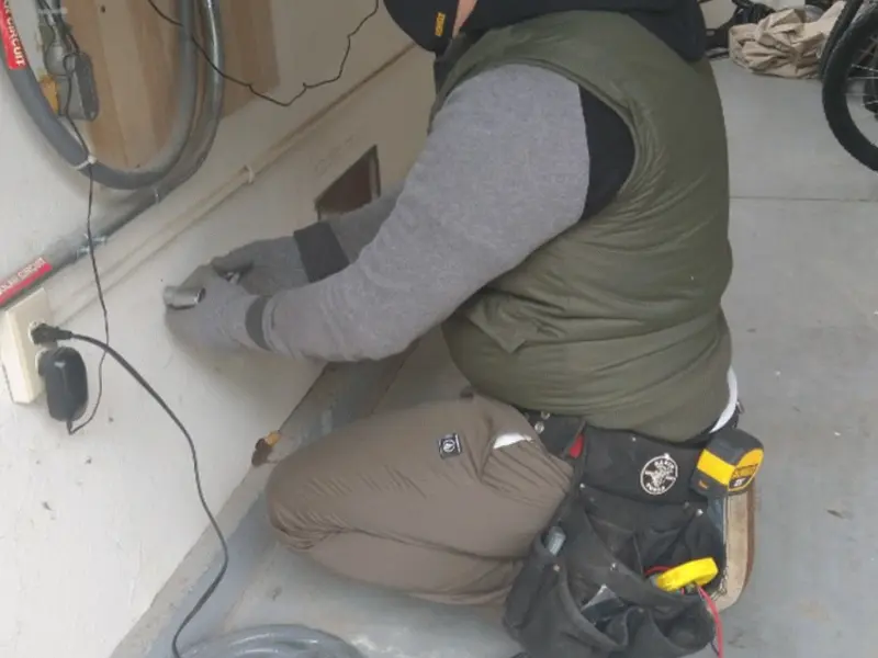 Electrician performing outlet wiring in a Minooka garage